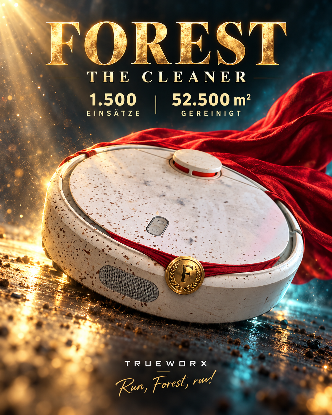 Forest the Cleaner im Superhelden-Cape nach 1.500 Reinigungen.