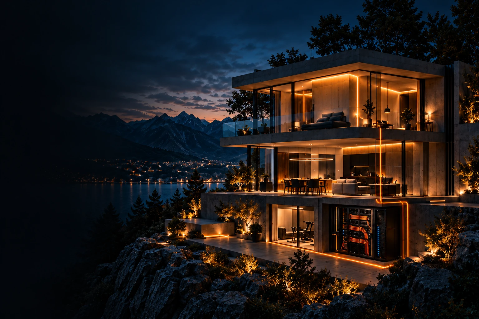 moderne Villa mit beleuchteten Verbindungen zwischen Gebäudetechnik und Netzwerkschrank